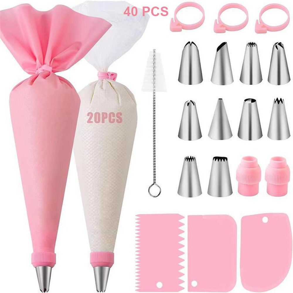Premium Stainless Steel Nozzle Tips Set with Silicone Piping Bags, DIY Cake Decorating Kit for Beginners