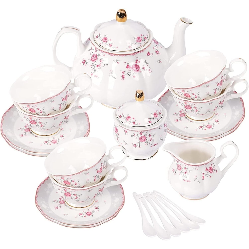 Elegant Porcelain Tea Sets For Adults Floral Tea Cups Set Of 6 With Sugar Bowl Creamer 9