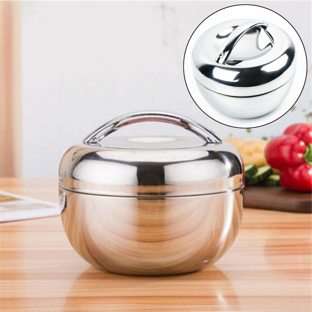 Hot Food Lunch Bento Box, Stainless Steel Thermo Insulated, Round Noodle Bowl, Double Layer Fast Food Storage Container