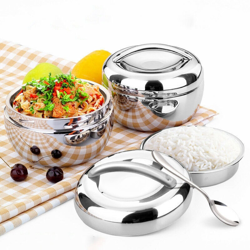 Hot Food Lunch Bento Box, Stainless Steel Thermo Insulated, Round Noodle Bowl, Double Layer Fast Food Storage Container