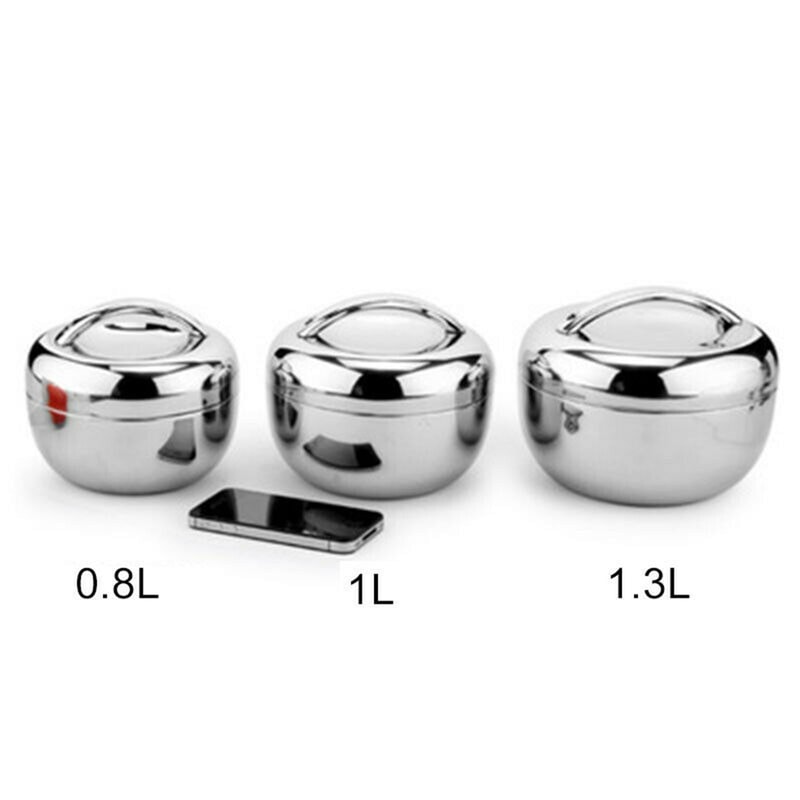 Hot Food Lunch Bento Box, Stainless Steel Thermo Insulated, Round Noodle Bowl, Double Layer Fast Food Storage Container