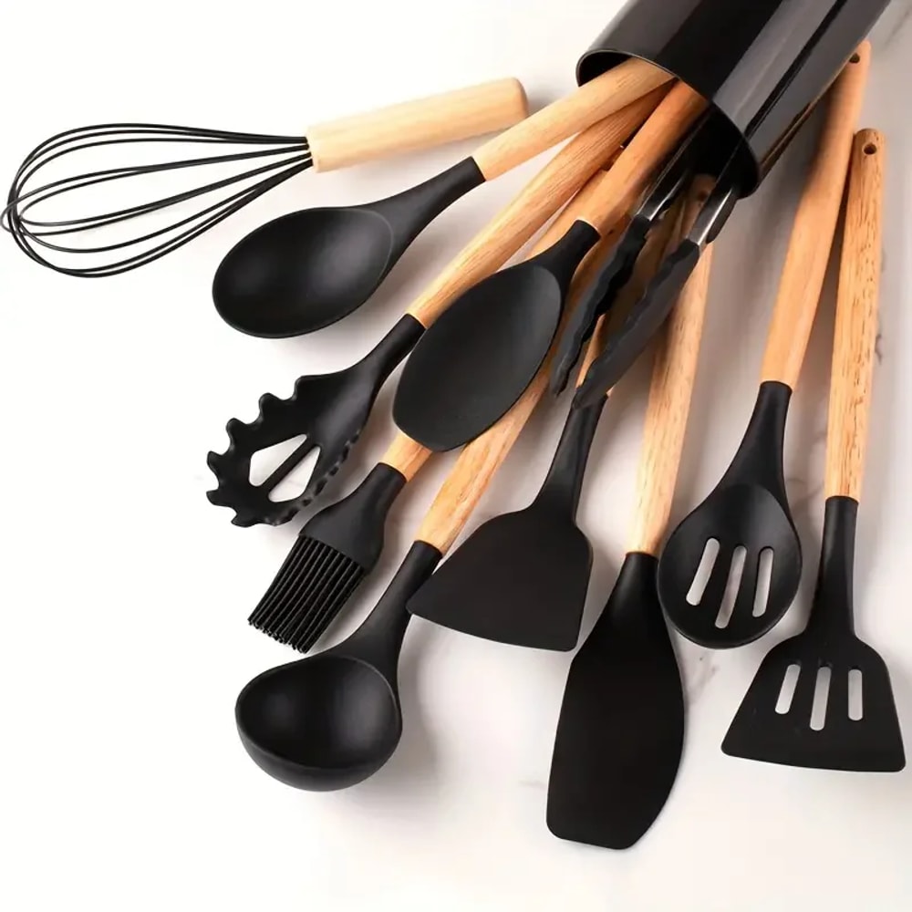 Multi-color Silicone Kitchenware Set, Wooden Handle Non Stick Pot Spatula Spoon Cooking Utensils, Heat-Resistant