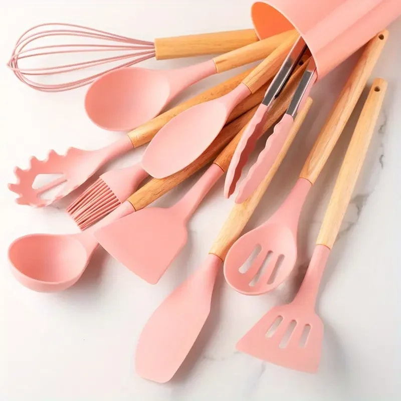 Multi-color Silicone Kitchenware Set, Wooden Handle Non Stick Pot Spatula Spoon Cooking Utensils, Heat-Resistant