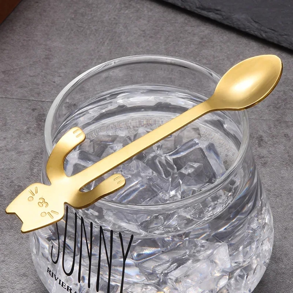 Stainless Steel Cat Spoon Creative Cartoon Hanging Edge Spoon Cute Coffee Spoon Goldplated Stirring 2