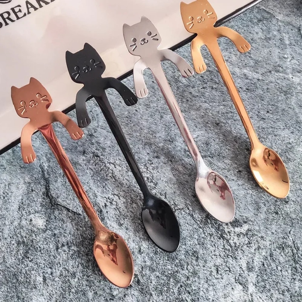 Stainless Steel Cat Spoon Creative Cartoon Hanging Edge Spoon Cute Coffee Spoon Goldplated Stirring 3