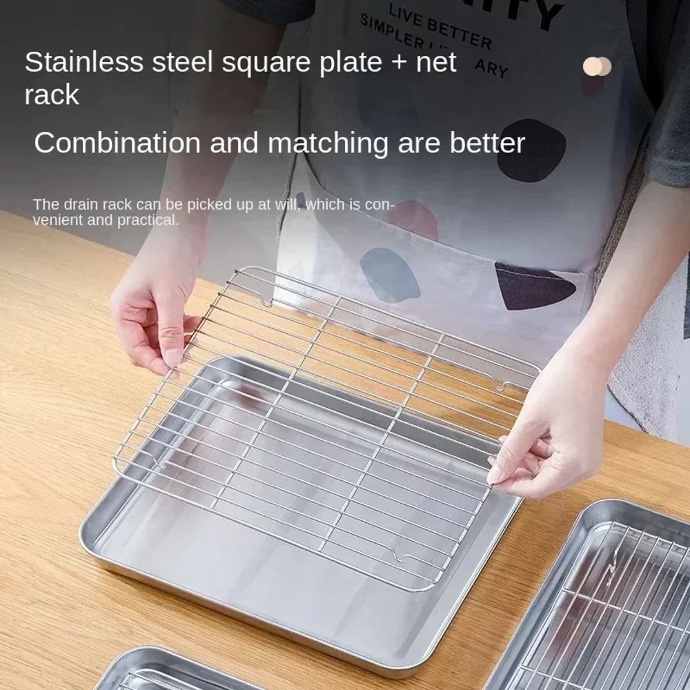 Stainless Steel Baking Pan Tray with Wire Rack, Cake Baking BBQ Pan Tray Plate for Oven, Brownie Rack, Cooking, Roasting