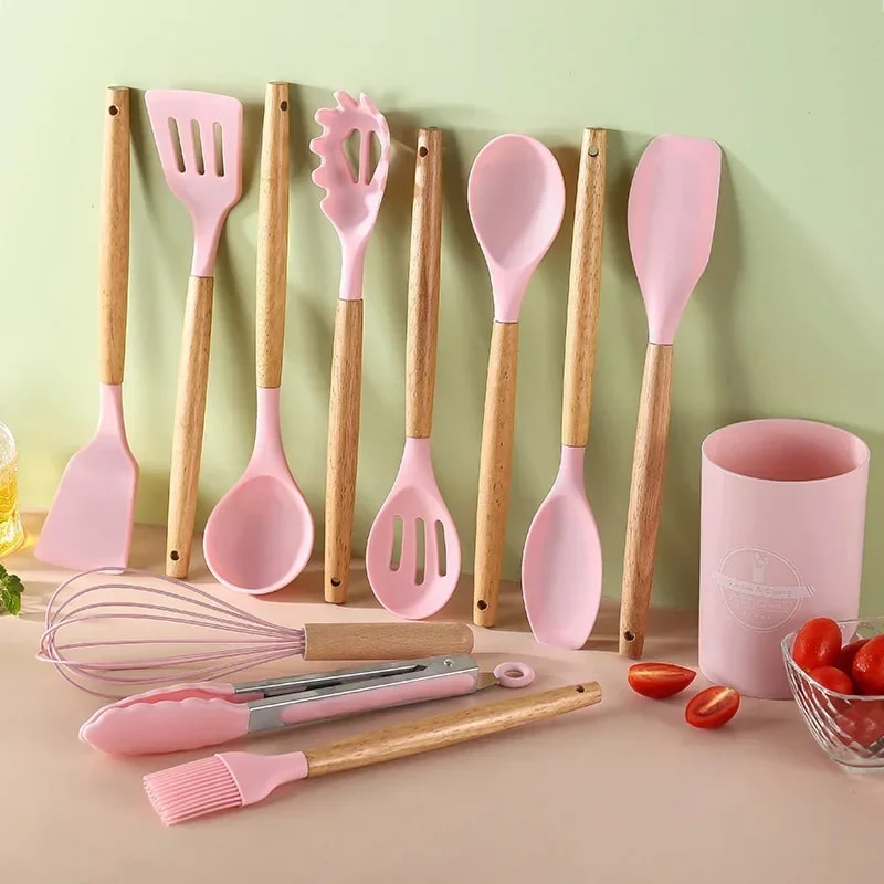 Silicone Kitchenware NonStick Cookware Set Wooden Handle Cooking Utensils Spatula Shovel Egg Beater 3