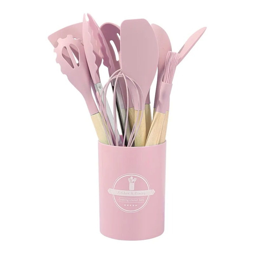 Silicone Kitchenware NonStick Cookware Set Wooden Handle Cooking Utensils Spatula Shovel Egg Beater 9