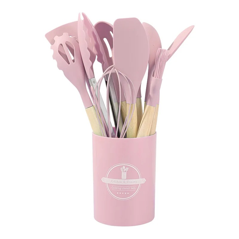 Silicone Kitchenware NonStick Cookware Set Wooden Handle Cooking Utensils Spatula Shovel Egg Beater 9