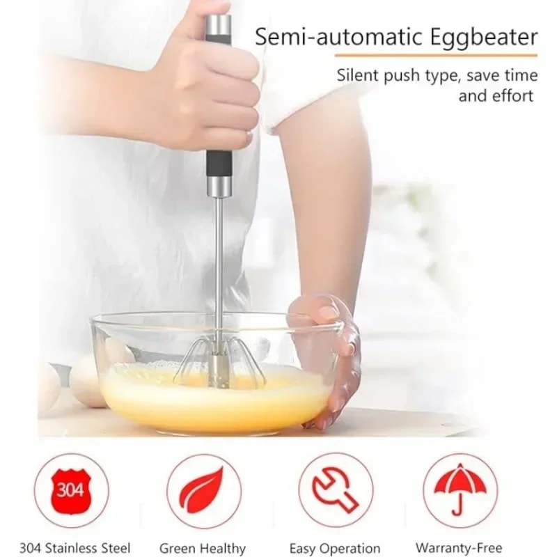 Rubber Semi-automatic Egg Beater, Rotatable Stainless Steel Kitchen Mixer, Manual Whisk for Egg Beating, Whipping, Milk