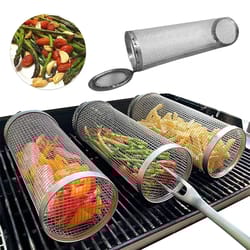 high quality circular stainless steel rolling bbq basket, sturdy wire mesh cylinder, ideal for outdoor camping barbecuin