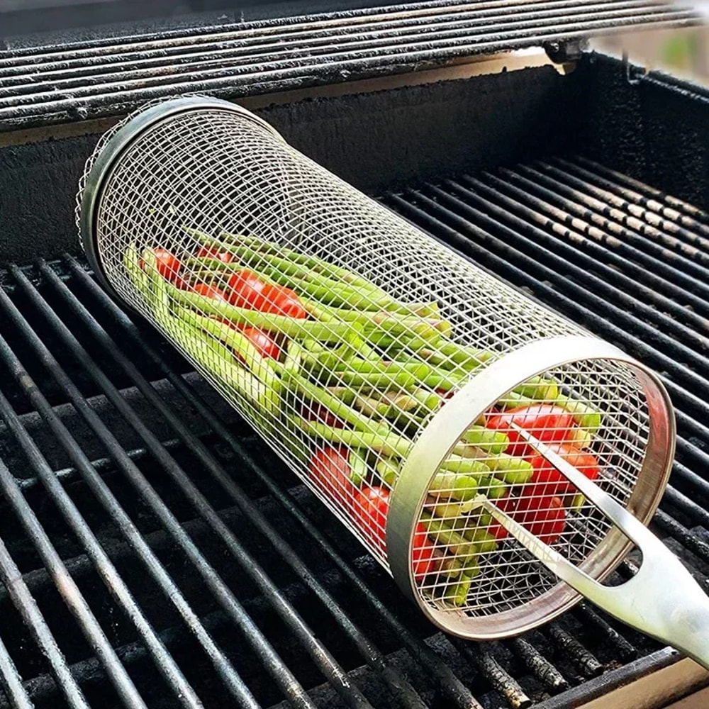 HighQuality Circular Stainless Steel Rolling BBQ Basket Sturdy Wire Mesh Cylinder Ideal For Outdoor 5