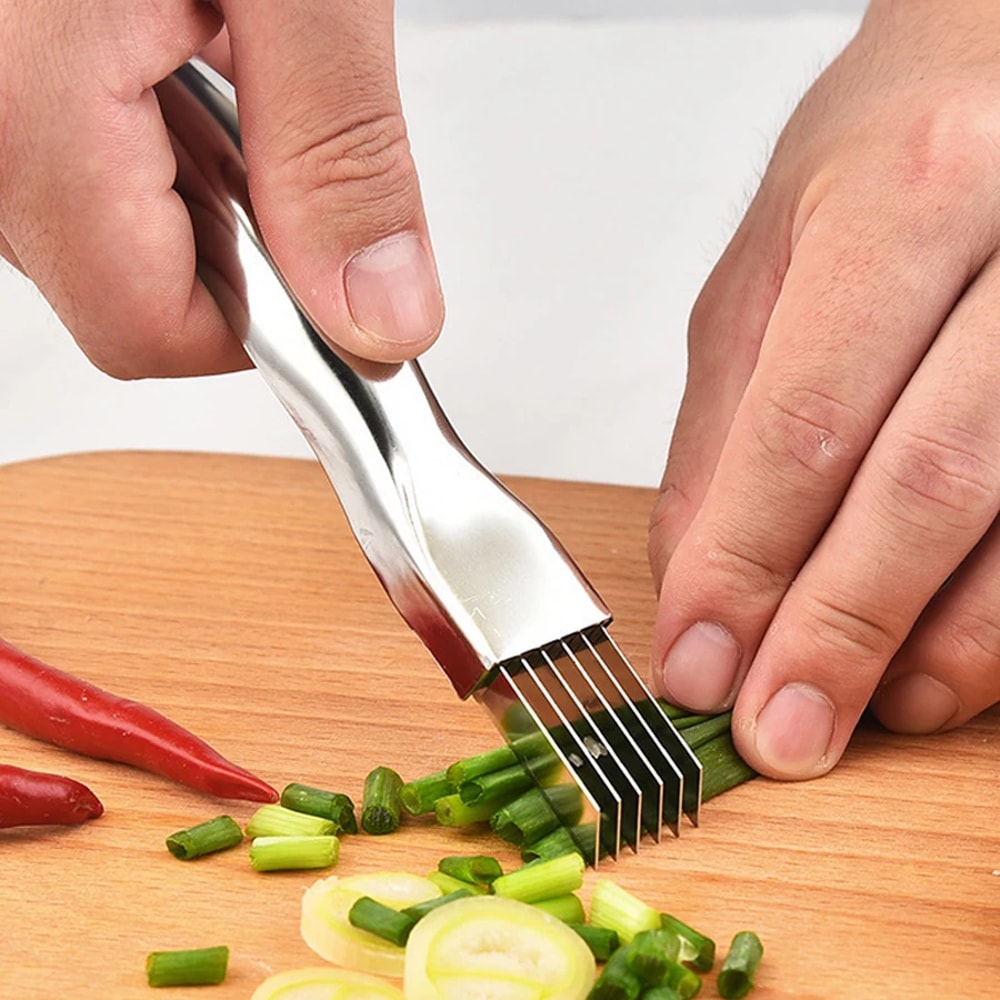 Stainless Steel Kitchen Knife for Chopped Green Onion, Curved Handle Design, Food Speedy Chopper Knife