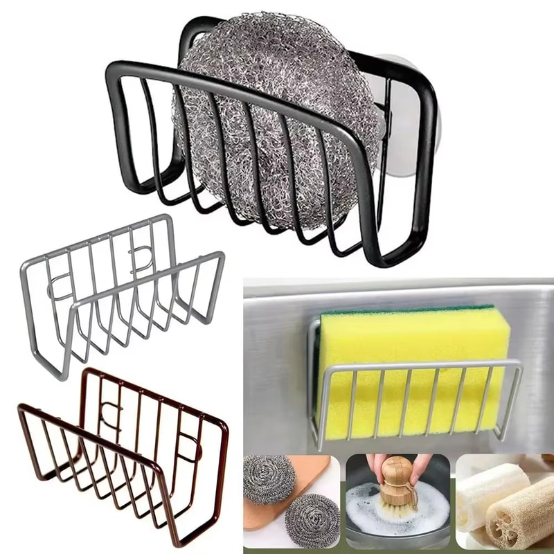 Sink Sponge Rack, Drain Storage Shelf, Stainless Steel Kitchen Organizer Holder for Wire Ball and Rag