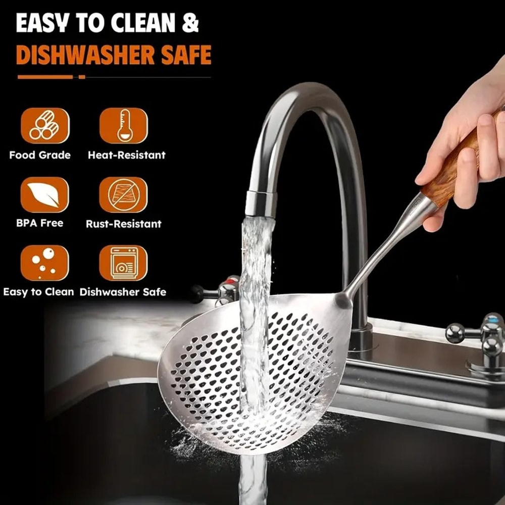 Stainless Steel Fine-Mesh Skimmer, Short Handle Scoop Strainer for Dumpling Soup, Stew Cooking Kitchen Utensils