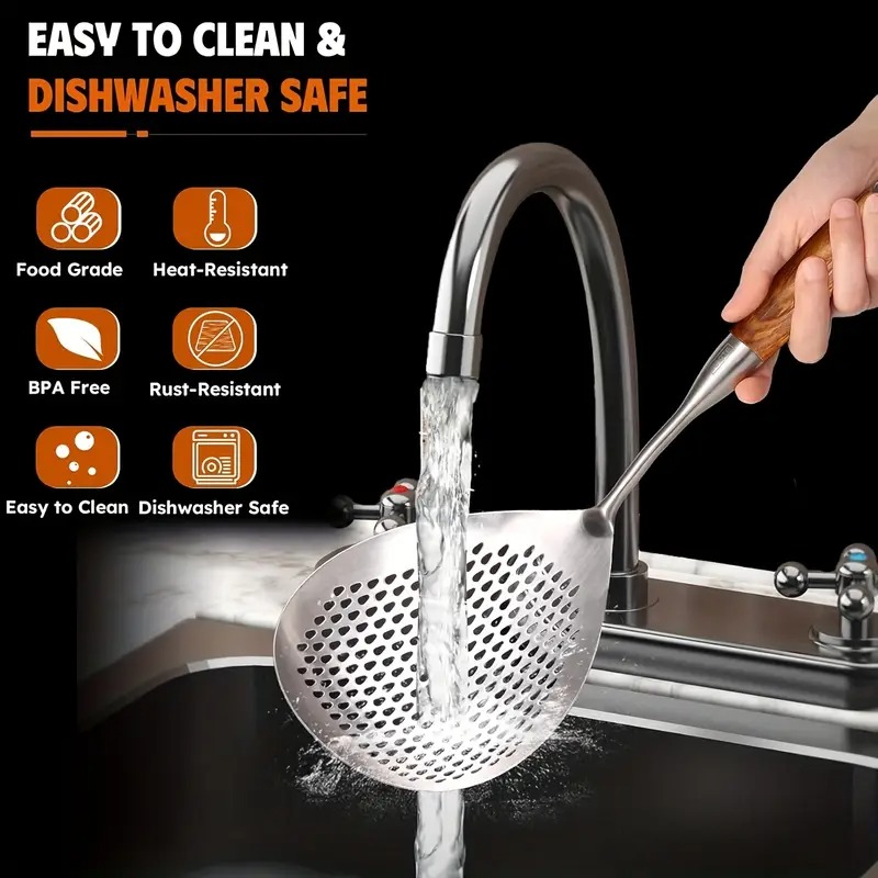 Stainless Steel Fine-Mesh Skimmer, Short Handle Scoop Strainer for Dumpling Soup, Stew Cooking Kitchen Utensils