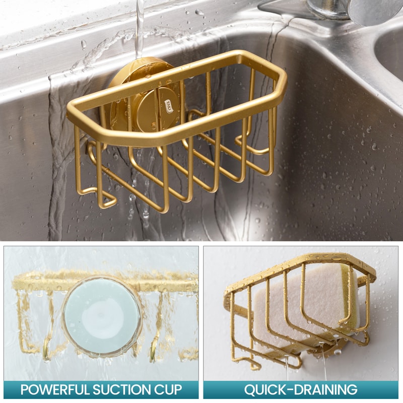 Gold Sponge Holder For Kitchen Sink With Strong Suction Cup Removable Rustproof Aluminum Caddy For 1