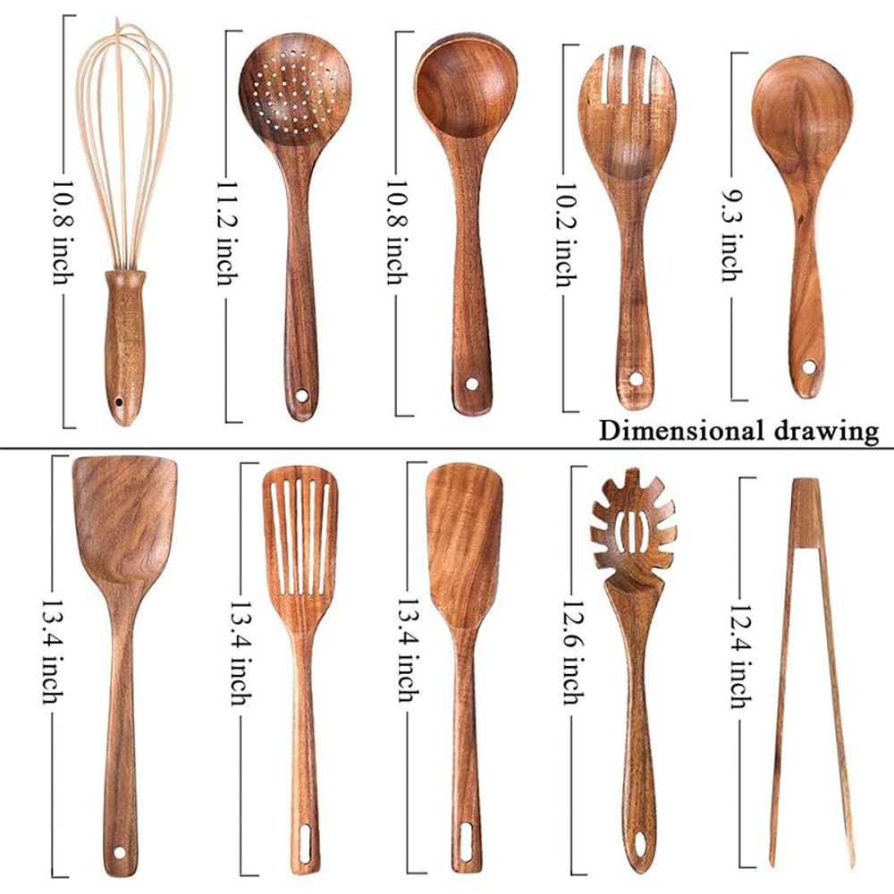 Natural Teak Wooden Kitchen Utensil Set, Wooden Spoons and Spatula, Cooking Utensil Set for Baking