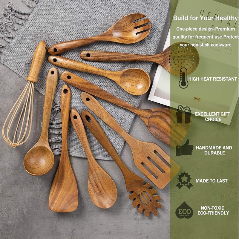 Natural Teak Wooden Kitchen Utensil Set, Wooden Spoons and Spatula, Cooking Utensil Set for Baking