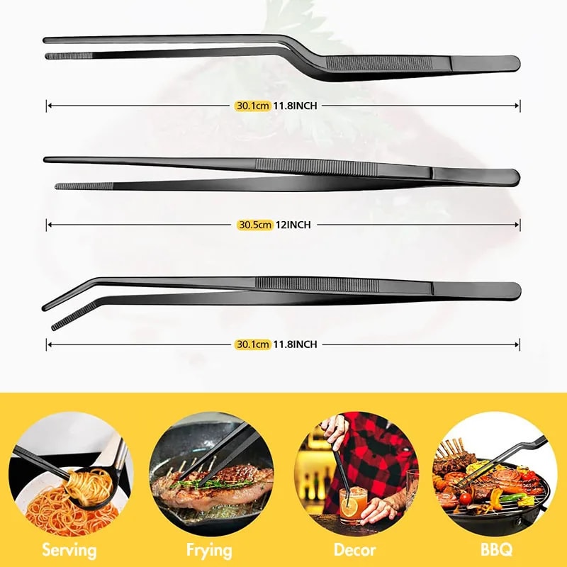 Stainless Steel Chef Tweezers Set with Serrated Tips, Cooking Tongs, Perfect Kitchen Tools for BBQ, Plating Serving