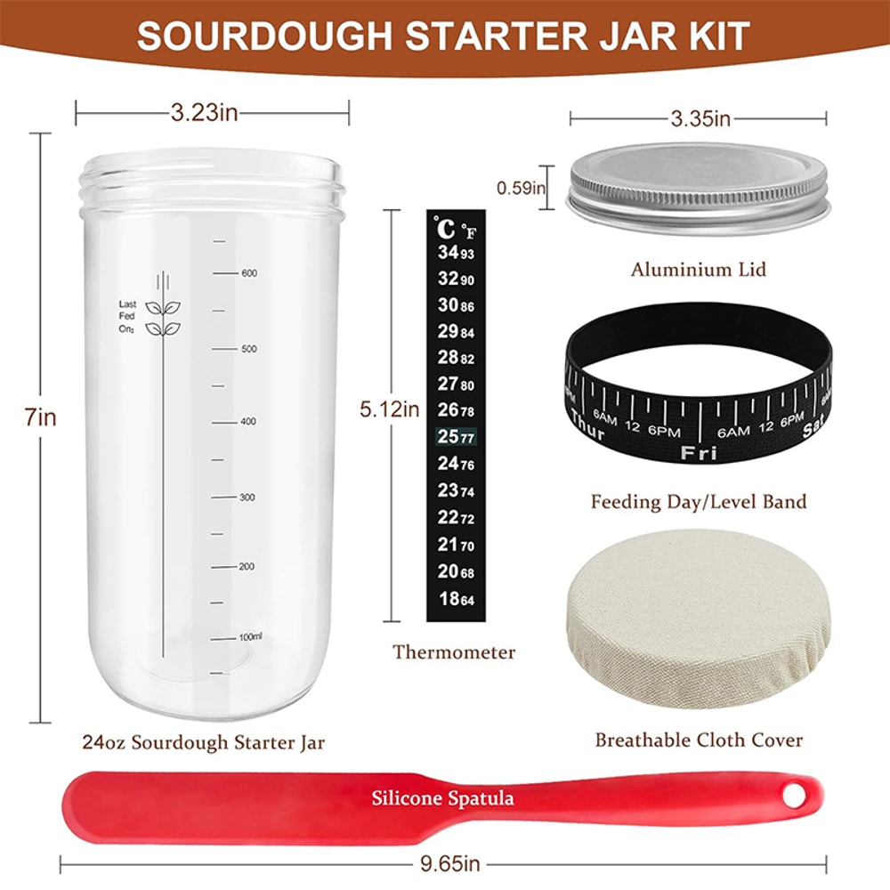 Sourdough Starter Jar Kit Glass, Sourdough Bread Baking Supplie, Fermentation Kit with Date Marked Feeding Band, Perfect