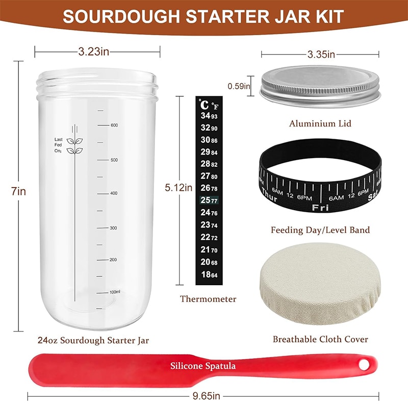 Sourdough Starter Jar Kit Glass, Sourdough Bread Baking Supplie, Fermentation Kit with Date Marked Feeding Band, Perfect