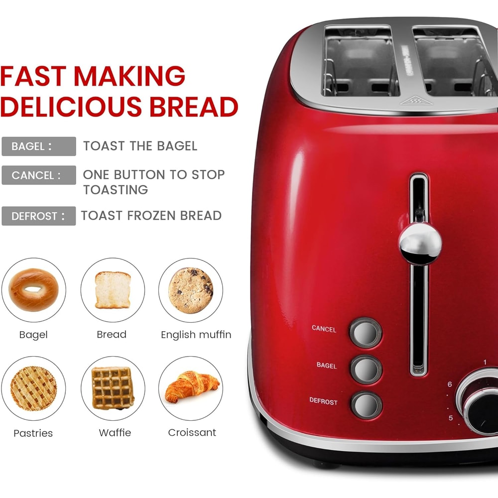 Retro Stainless Steel Slice Toaster with Bagel, Cancel, Defrost, Shade Settings, Extra Wide Slots, Removable Crumb Tray
