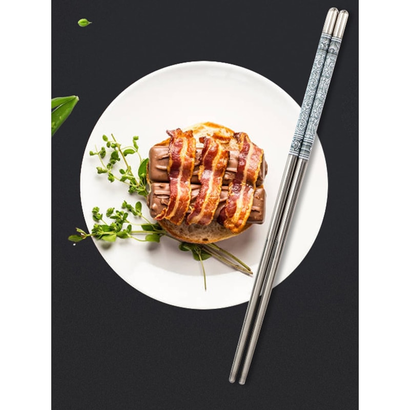 Stainless Steel Chopsticks, Dishwasher Safe, Reusable Metal Non-Slip Chopsticks, Blue, White Pattern