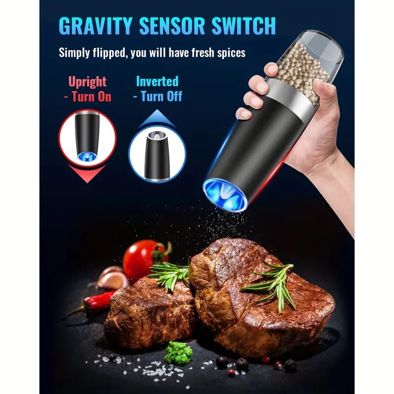 Gravity Electric Salt And Pepper Mill Tilt To Grind Automatically Battery Powered Coarseness Adjust 1