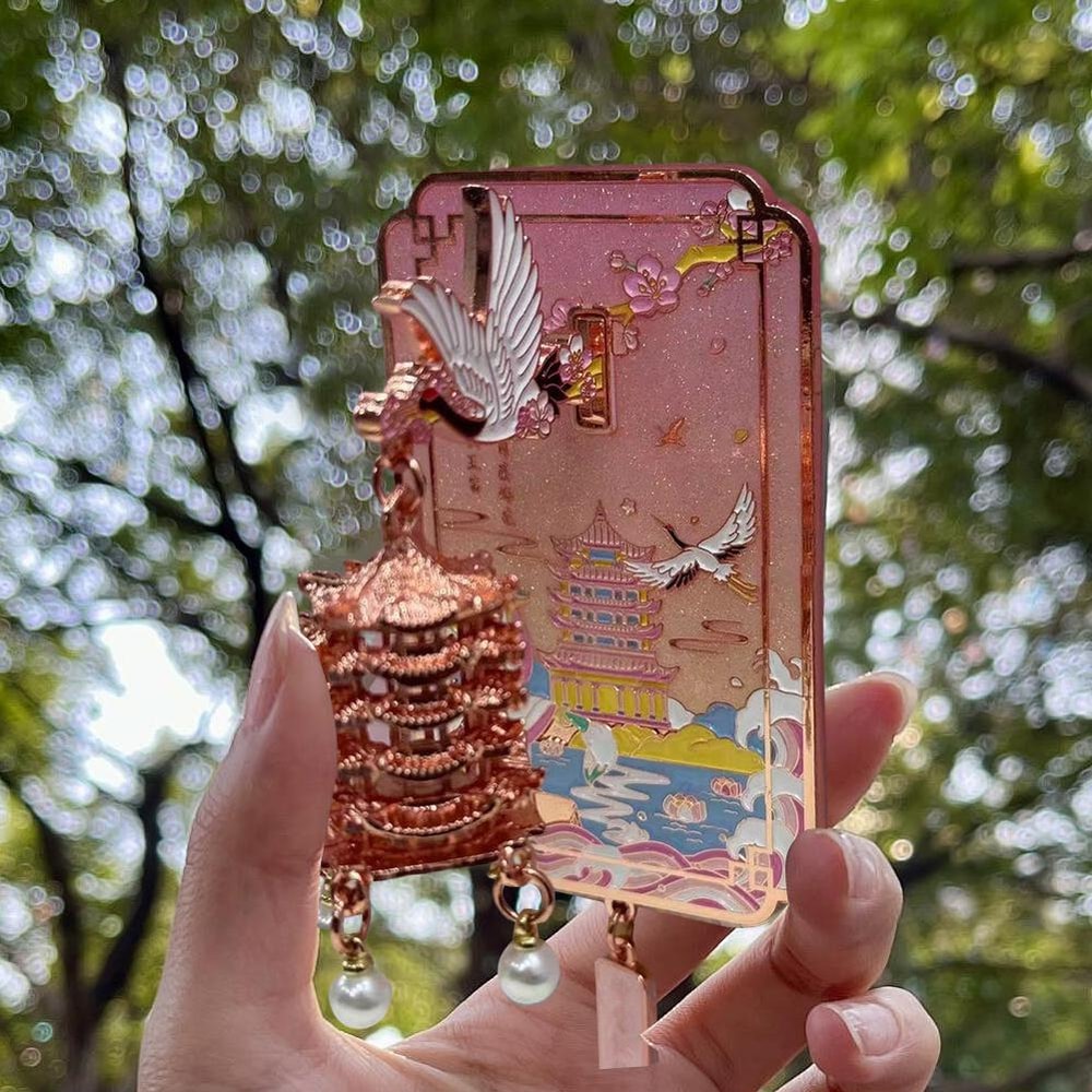 Unique Chinese Style LED Fridge Magnet, Light Up Metal Souvenir, Yellow Crane Tower with Cherry Blossom Gift