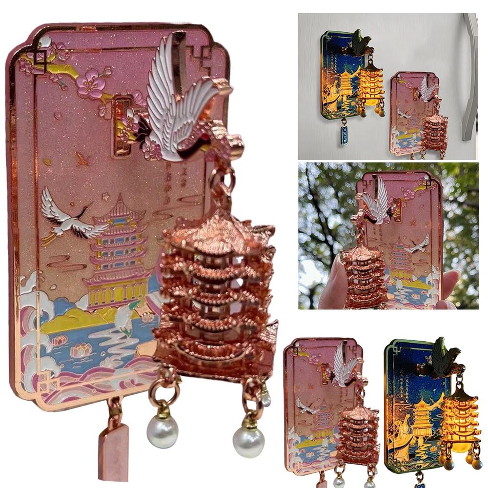 Unique Chinese Style LED Fridge Magnet, Light Up Metal Souvenir, Yellow Crane Tower with Cherry Blossom Gift
