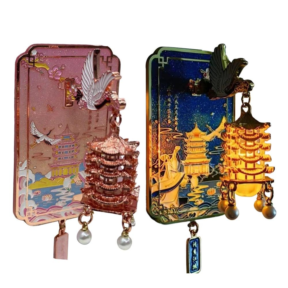 Unique Chinese Style LED Fridge Magnet, Light Up Metal Souvenir, Yellow Crane Tower with Cherry Blossom Gift