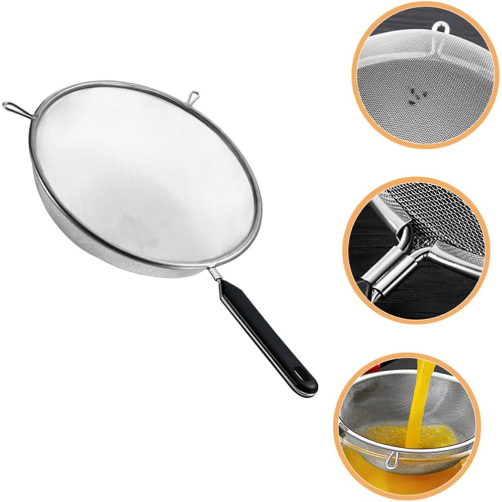 12 Inch Stainless Steel Fine Mesh Kitchen Strainer with Non-Slip Handle & Resting Hook