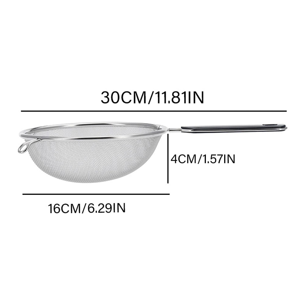 12 Inch Stainless Steel Fine Mesh Kitchen Strainer with Non-Slip Handle & Resting Hook