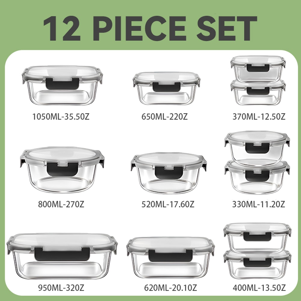 Glass Meal Prep Containers Set 12pcs Airtight Bento Food Storage Boxes