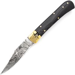 Desire Clip Point Automatic Damascus Lever Lock Knife folding knife pocket knife  with leather sheath