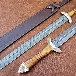 Handmade Damascus Defender Sword engraved Brass Bolster Olive Wood