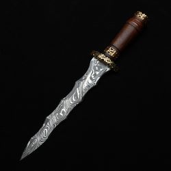 ROSE WOOD ZIGZAG DAGGER custom handmade Damascus steel Viking sward  hand forged sword with leather sheath