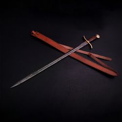 DAMASCUS CELTIC SWORD // 9273 CUSTOM HANDMADE DAMASCUS STEEL SWORD CROFT SWORD FORGED SWORD  WITH LEATHER SHEATH