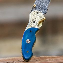 FOLDING KNIFE // VK0124 custom handmade Damascus  forged knife  pocket knife with leather sheath