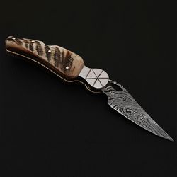 DAMASCUS STEEL FOLDING KNIFE // BACK-LOCK with leather sheath
