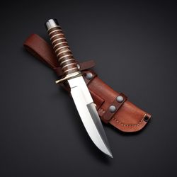 D2 // SNAKE EATER FIGHTER KNIFE CUSTOM HANDMADE DAMASCUS  WITH LEATHER SHEATH