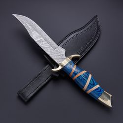 FIXED BLADE DAMASCUS STEEL BOWIE KNIFE // HB-041 with leather sheath
