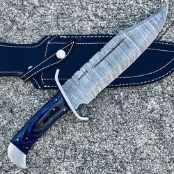jim, bowie knife custom handmade Damascus with leather sheath