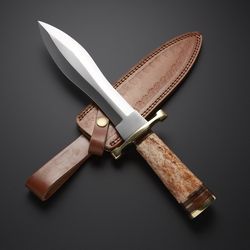 D2 steel blade custom handmade Damascus with leather sheath