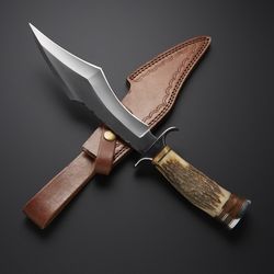 MODERN HUNTING KNIFE // 78 CUSTOM HANDMADE DAMASCUS WITH LEATHER SHEATH
