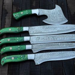 HANDMADE DAMASCUS KNIVES SET OF 5 WITH ROLL OVER BAG-KDS4 with leather sheath