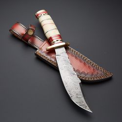 DAMASCUS STEEL BONE HANDLE BOWIE with leather sheath