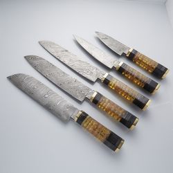handmade damascus bowie knife   unique taf handle and leather pad  set of 5