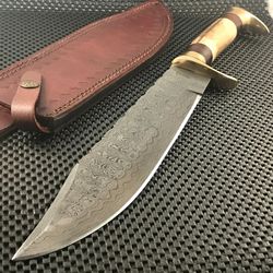 16" CUSTOM HAND FORGED DAMASCUS STAGE HANDLE BOWIE KNIFE WITH LEATHER SHEATH, BEST BOWIE HUNTING KNIFE, GIFT FOR HUSBAND